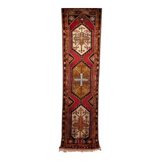 Vintage Turkish Oushak Runner, Handwoven Wool Pile, Geometric Pattern, 3' x 15' For Sale