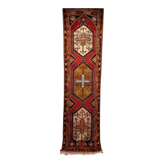 Vintage Turkish Oushak Runner, Handwoven Wool Pile, Geometric Pattern, 3' x 15' For Sale