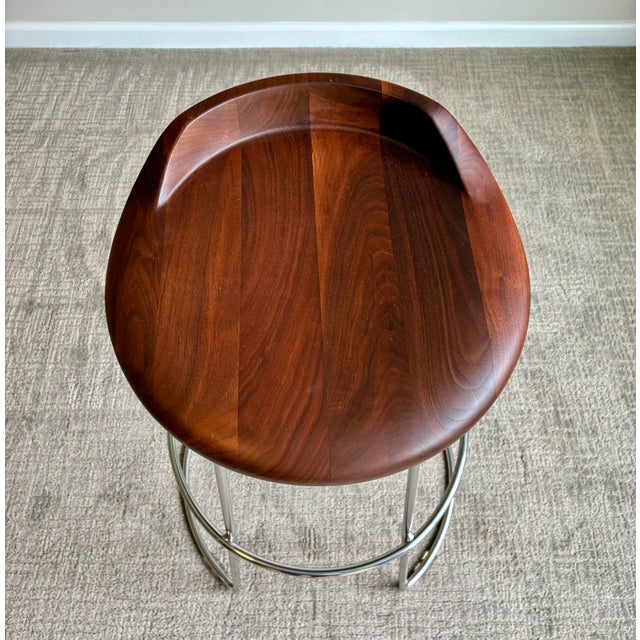 Early 21st Century Set of 3 McGuire Wood and Stainless Steel Swivel Bar Stool For Sale - Image 5 of 7
