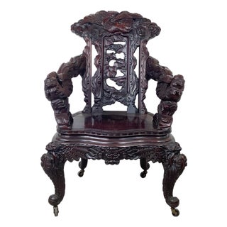 Antique Chinese Export Carved Hardwood Dragon Armchair, Late 19th to Early 20th Century For Sale
