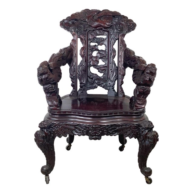 Antique Chinese Export Carved Hardwood Dragon Armchair, Late 19th to Early 20th Century For Sale