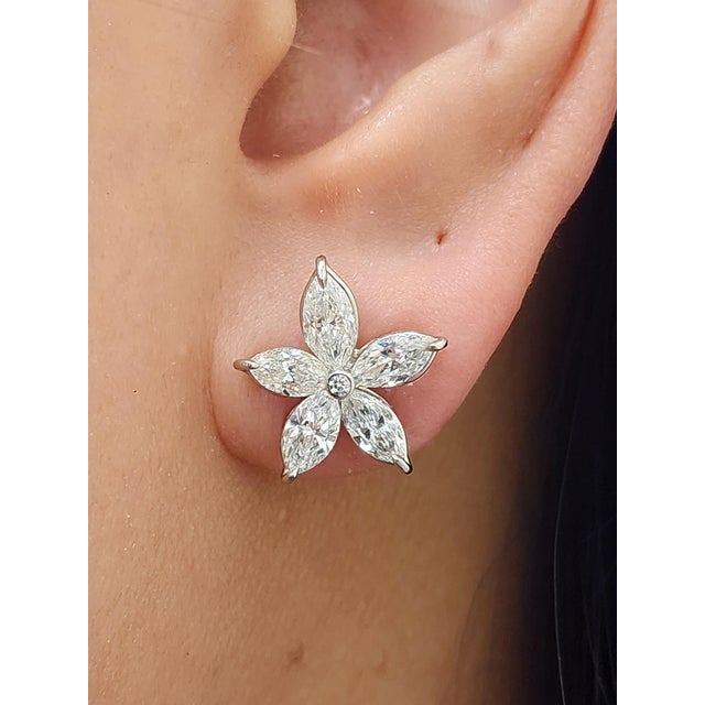 Modern 2.89 Ct Flower-Shaped Marquise Diamond Studs, A Pair For Sale - Image 3 of 8