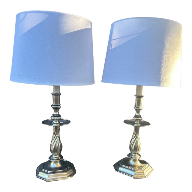 Vintage Stiffel Pewter Barley Twist Candlestick Lamps With Shades - A Pair - Newly Rewired For Sale