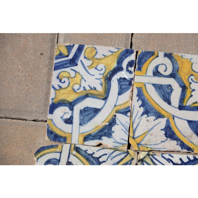 Baroque 17th Century Portuguese Antique Tiles Set of 6 Blue, Yellow & White Geometric Floral For Sale - Image 3 of 10