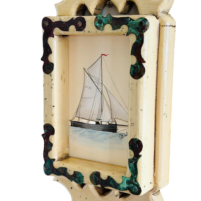 Nautical Original Hand-Painted Sailboat Painting in a Vintage Folk Frame For Sale - Image 3 of 5