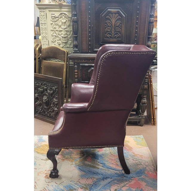 Antique Chippendale Leather Wing Chair For Sale - Image 4 of 13