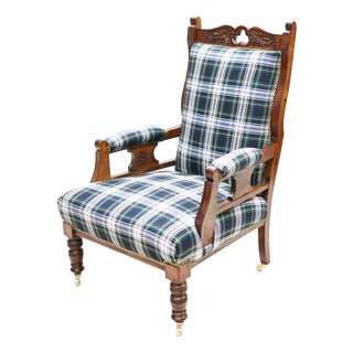 Edwardian Armchair Lounge Seat Tartan Print, 1890s For Sale