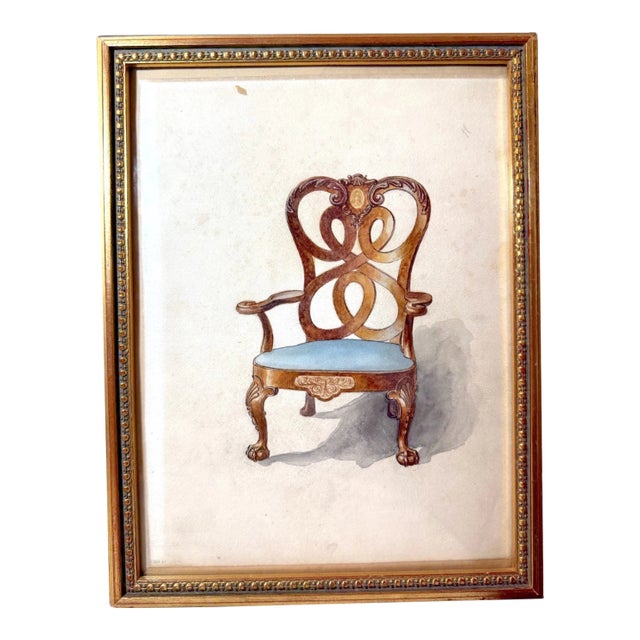Antique 19th Century Original Wooden Dining Armchair Chair Watercolor Painting For Sale