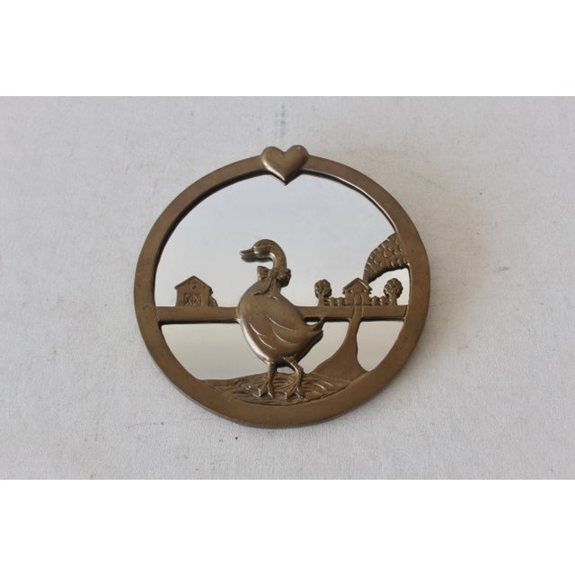 Metal Vintage Brass Round Wall Mirror Duck Farmhouse Details For Sale - Image 7 of 9