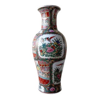 Vintage Chinoiserie Hand Painted Porcelain Floor Vase For Sale