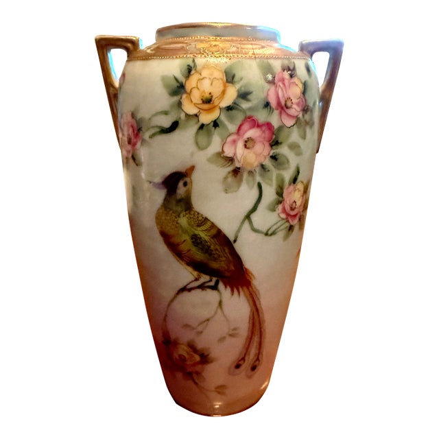 Antique, Hand-Painted Japanese Nippon Vase. Beautiful Bird and Flower With Two Gilded Handles. Early 1900s. Marimura Bros. For Sale