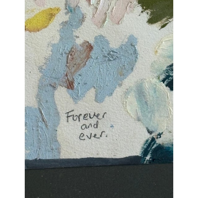 Charming original abstract “Forever and Ever” in oil paint and pastel on paper, matted in dark olive green under glass in...