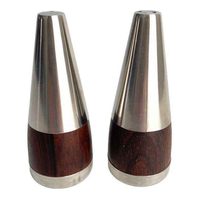 Mid Century Danish Modern 1960s Rosewood & Stainless Steel Lundtofte Salt & Pepper Shakers For Sale