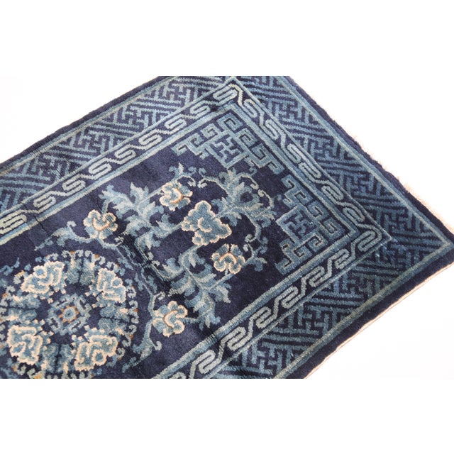 Art Deco Antique Chinese Peking Rug With Floral Medallion in Deep Indigo Color -2' 4'' X 4' 5'' For Sale - Image 3 of 11