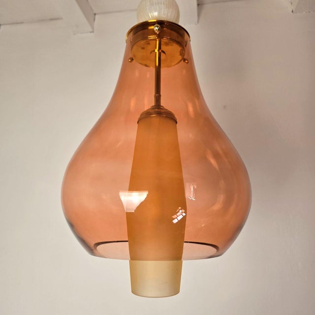 1990s Pink and Amber Murano Glass Pendant Lights - Pair For Sale - Image 9 of 13