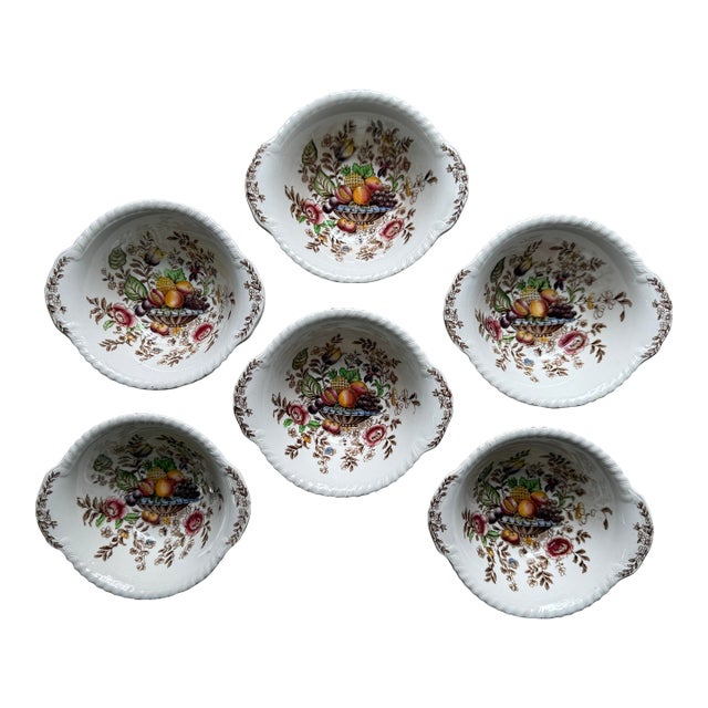 Vintage “Pomona” Windsor Ware Fruit Bowls | Johnson Bros England | c.1940–1950 | Set of 6 Hand-Colored Earthenware For Sale