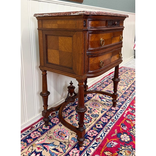 Antique French Louis XVI Style Marble Top Chest Side End Table Walnut c.1920s-30 For Sale - Image 16 of 18