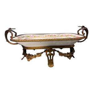 Antique Sevres France Hand Painted Porcelain Bowl W Gilt Bronze Frame & Handles
