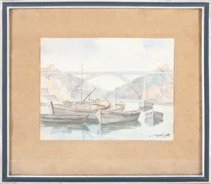J. Knight Junior, Arrábida Bridge, Porto, Watercolor on Paper