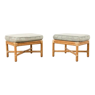 Pair of McGuire Organic Modern Bamboo Rattan Footstool Ottomans For Sale