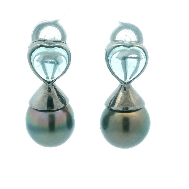 18k Black Rhodium Heart Aquamarine & Black Pearl Drop Earrings, Pair For Sale - Image 9 of 10