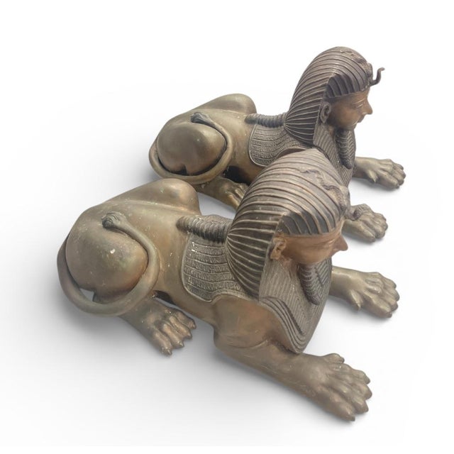 Traditional 1990s Pair of Patinated Bronze Egyptian Revival Pharaoh Sphinx For Sale - Image 3 of 6