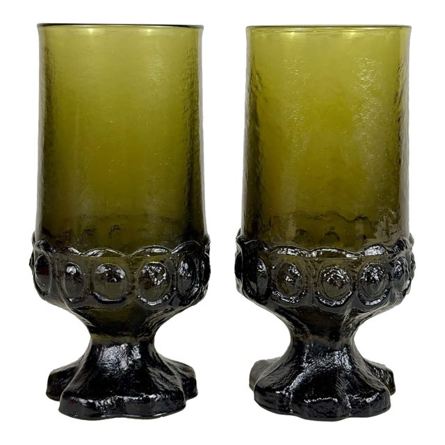 Vintage Gothic Brutalist Olive Green Glass Goblet Drinking Glasses - A Pair For Sale