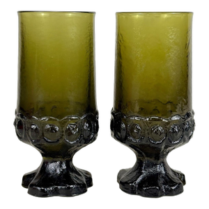 Vintage Gothic Brutalist Olive Green Glass Goblet Drinking Glasses - A Pair