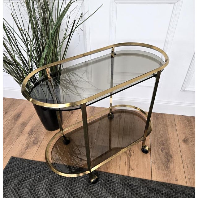 Gold Italian Two-Tier Brass and Glass Bar Cart with Dark Glass Top by Milo Baughman, 1970s For Sale - Image 8 of 9
