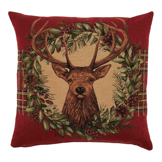 Stag's Head & Wreath Tapestry Cushion With Feather Filler - 46x46cm (18"x18") For Sale