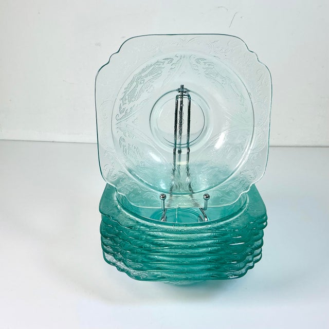 This late Mid-Century set of 8 glass Dessert Bowls are from the Indiana Glass Company in a beautiful Tiffany Blue glass....