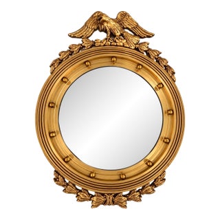 Vintage Large Scale American Federal Revival Giltwood Eagle Crest Round Mirror For Sale