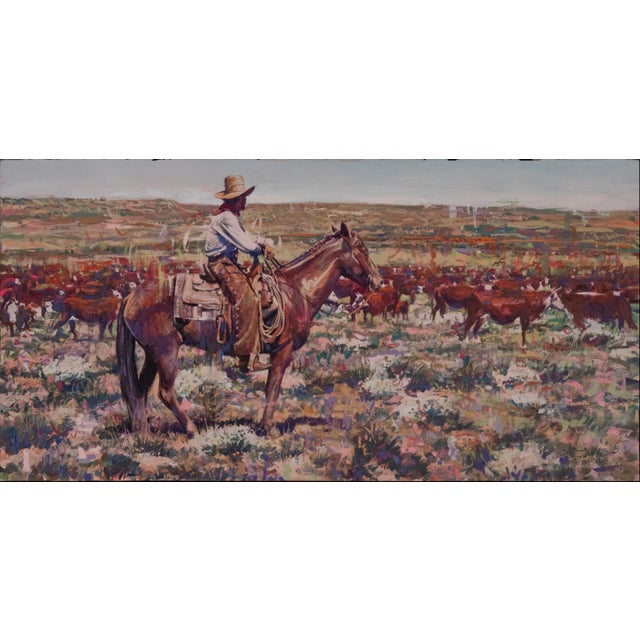 This artwork captures a lone herder on horseback, surveying a vast landscape dotted with cattle. The vibrant use of...