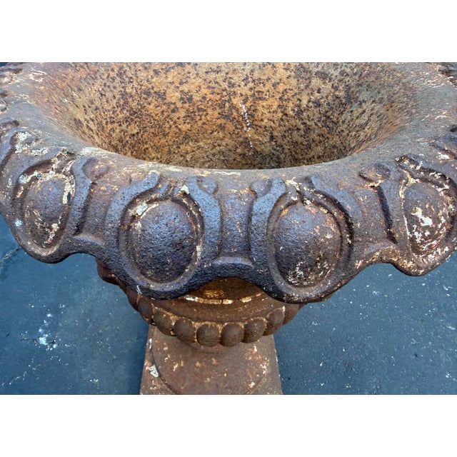 Huge Antique Late Victorian French Heavy Cast Iron Outdoor Planter Urn W/ Handle For Sale - Image 9 of 17