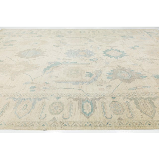 Beige Modern Oushak Style Hand-Knotted Wool Area Rug in Neutral Beige & Soft Teal For Sale - Image 8 of 12