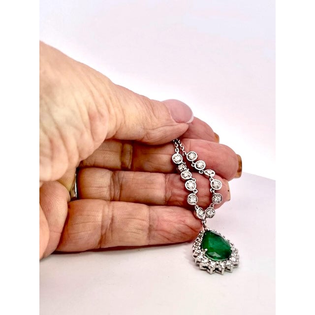 Pear-Shaped Cabochon Emerald & Diamond Halo Pendant Necklace in White Gold For Sale - Image 12 of 12