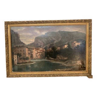 Lively Village by the River, 20th Century, Oil Painting on Canvas, Framed For Sale