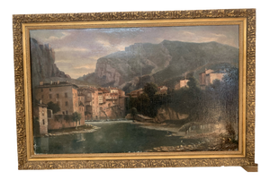 Lively Village by the River, 20th Century, Oil Painting on Canvas, Framed