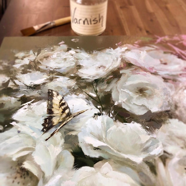 Contemporary Roses in Bloom by Lindsey Kustusch | Oil on wood panel White roses with a butterfly. For Sale - Image 3 of 5