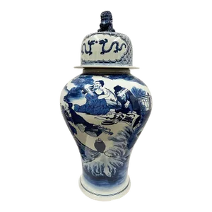 20th Century Chinese Blue and White Porcelain Ginger Jar With the Eight Drinking Immortals