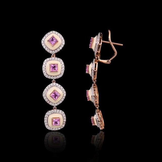 3.70 Carats Pink Sapphire, White Enamel & Diamonds Chandelier/Dangle Earrings, Pair For Sale - Image 4 of 9