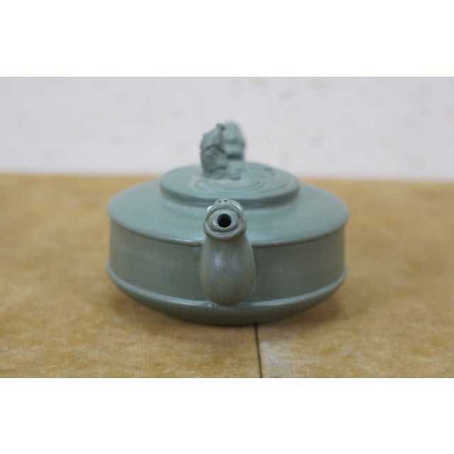 Late 20th Century Vintage Chinese Yixing Zisha Green Clay Dragon Koi Fish Kung Fu Teapot 5.5" For Sale - Image 5 of 15