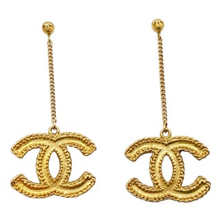 Chanel Classic Gold CC Dangle Piercing Earrings, A Pair For Sale