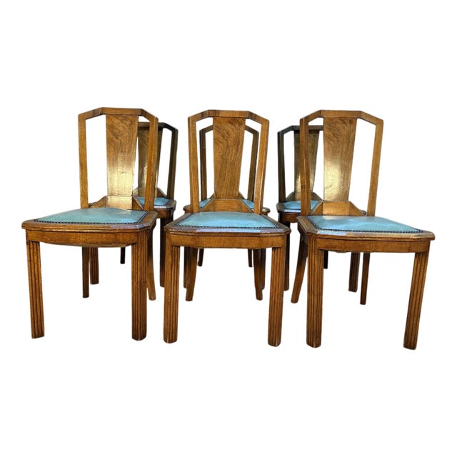 Art Deco Chairs in Green Vinyl, Set of 6 For Sale