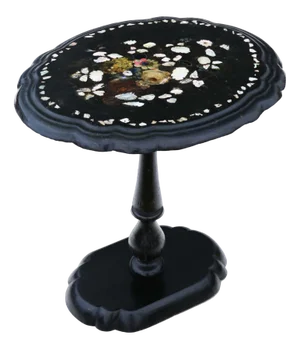 Antique Victorian Hand Decorated Inlaid Papier Mache Tea Supper Wine Table with Tilt Top, 1880s