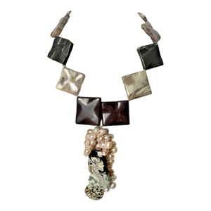 Mid 20th Century Flat Carved Jasper Necklace With Twin Pearls