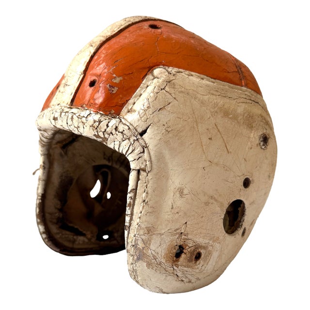 Antique Leather Football Helmet - Orange & White For Sale