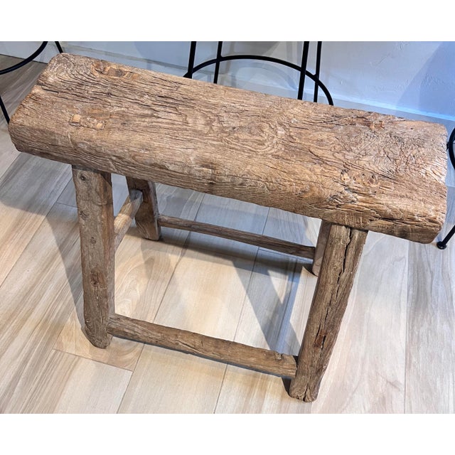 Mid-Century Modern French Rustic Vintage Weathered Natural Wood Noodle Bench For Sale - Image 3 of 10