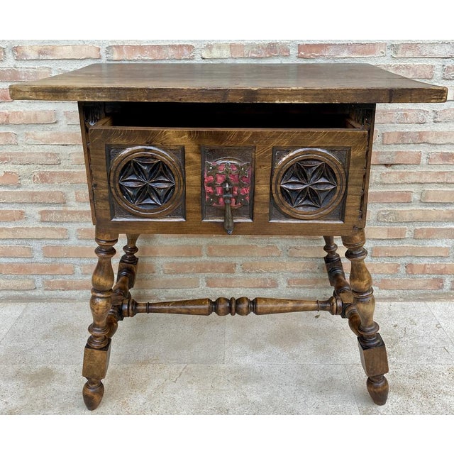 Wood Antique Spanish Baroque Walnut Side Table with Carved Frame, 1890s For Sale - Image 7 of 17