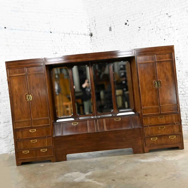 Thomasville Vintage Campaign Style Thomasville Furniture Mystique 3 Section Modular Queen Bed Set W/Side Armoires For Sale - Image 4 of 17
